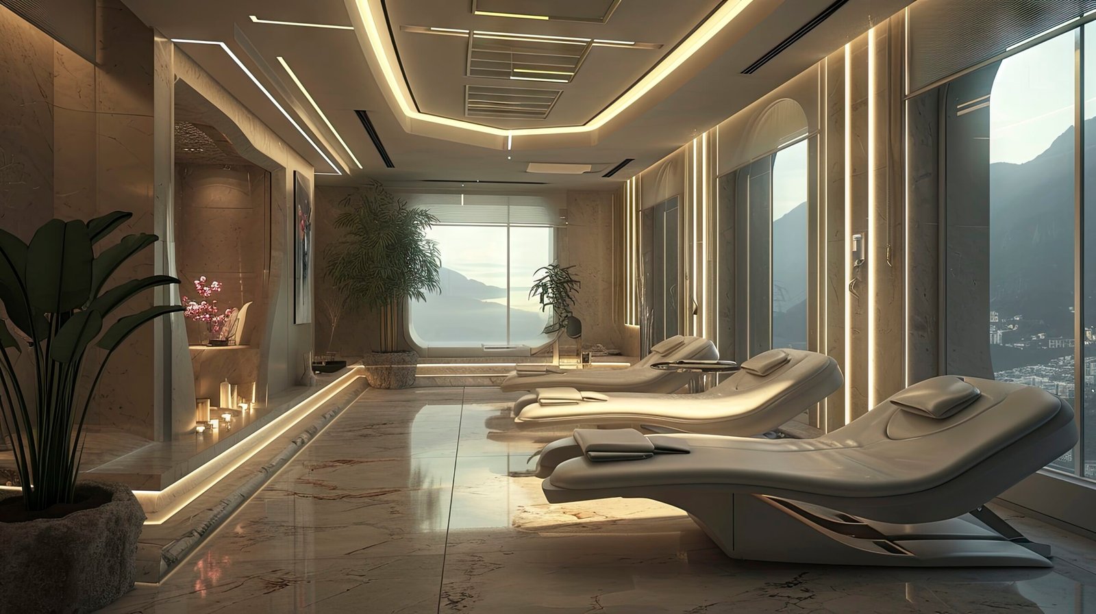 Luxurious massage room designed with a minimalist aesthetic, featuring wooden elements and soft lighting for a tranquil atmosphere.